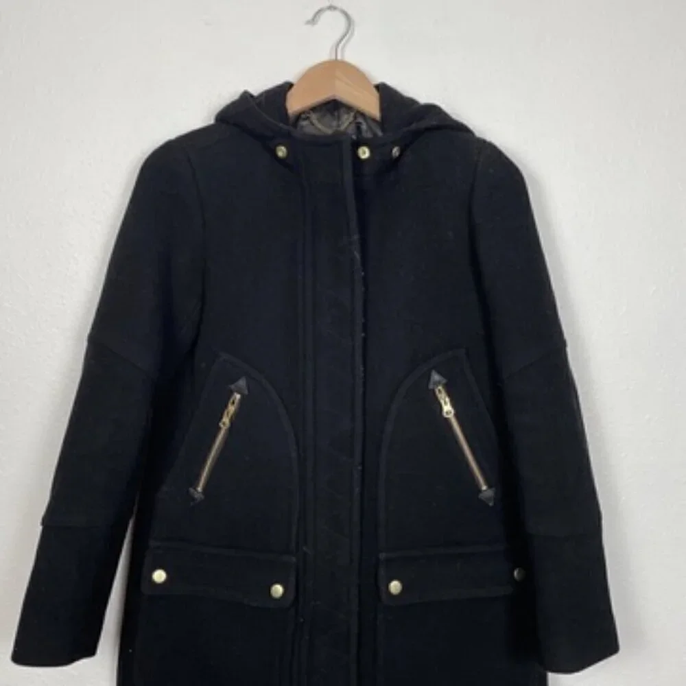 J.Crew Black Chateau Parka Italian Wool Stadium Cloth Hooded Coat sz:00 B3901